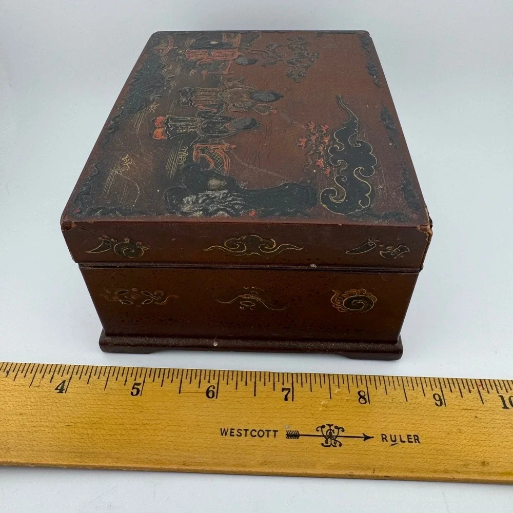 Vintage Lacquer Trinket Box Small Brown Fair Vintage Japanese Chinoiserie Wood